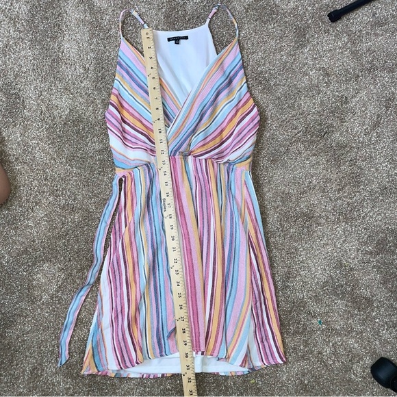 Staccato dress faux wrap mini rainbow striped fit flare side tie summer SZ LG - Picture 5 of 10